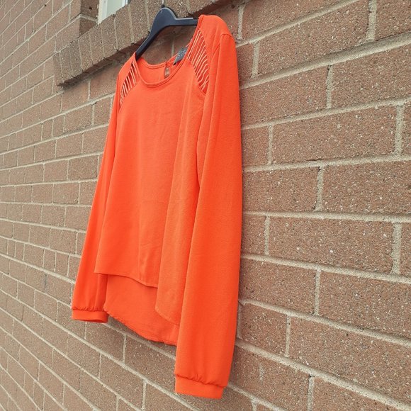 Flowy blouse, Cut out Satin effect long sleeve with High Low hem, XS - Picture 2 of 6